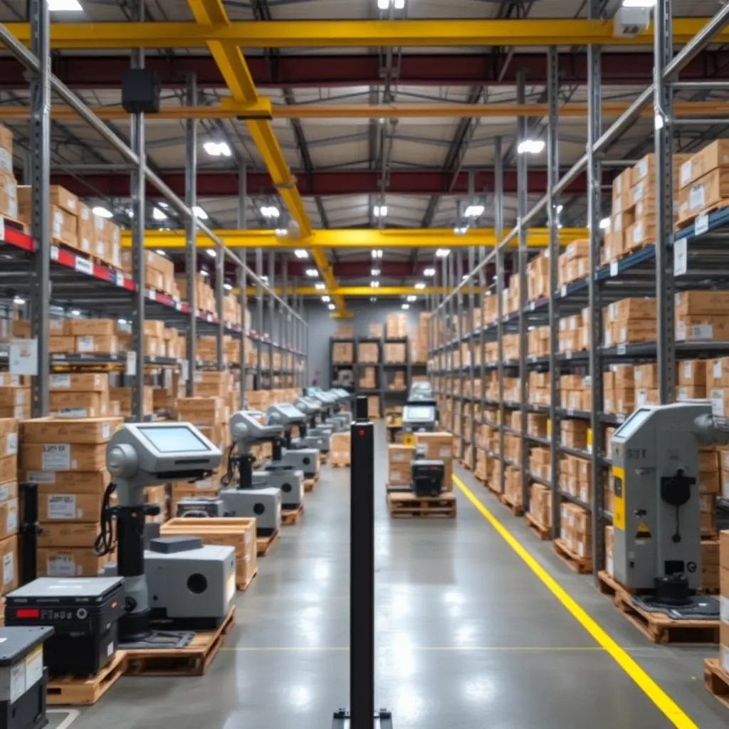 Fábrica con sistema de inventario automatizado mostrando códigos de barras y robots de almacén